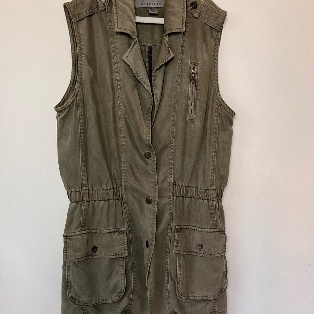 Kenneth Cole Reaction Olive Green Tencel Military Cargo Lightweight Vest Sz S - Picture 7 of 10